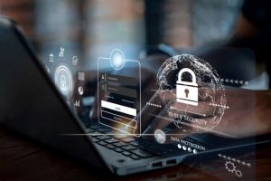 Person browsing the internet securely with a laptop and digital security icons