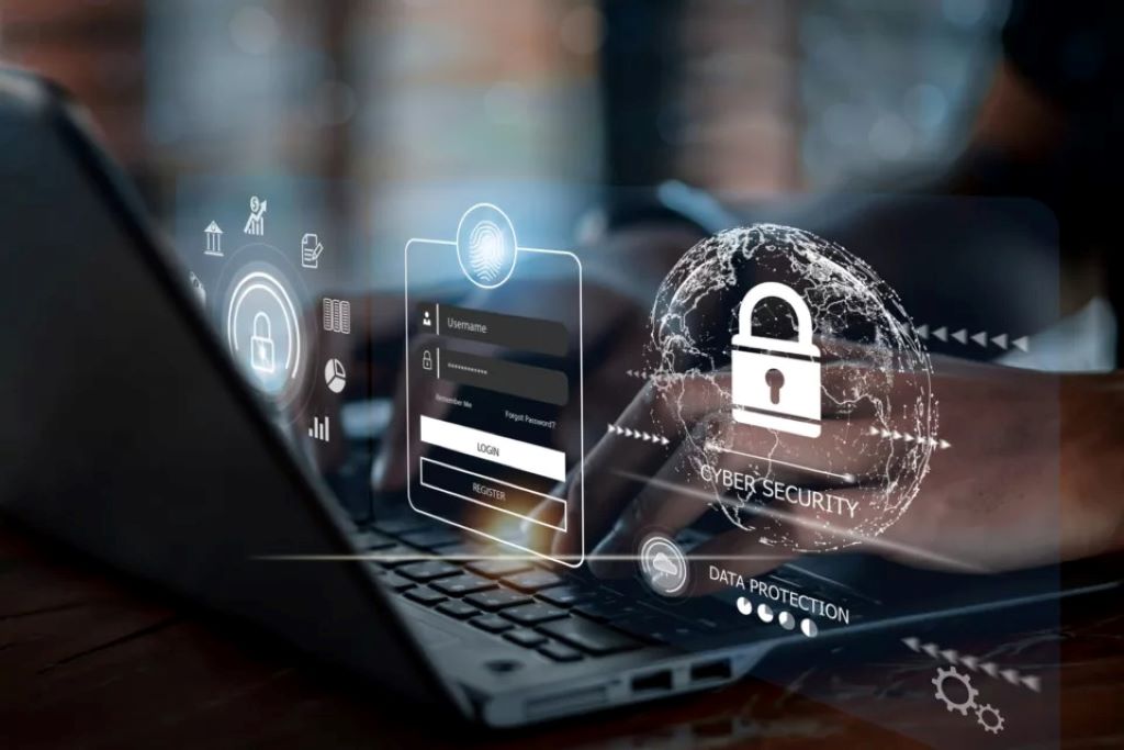 Person browsing the internet securely with a laptop and digital security icons