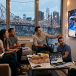 High-rise New York apartment with multiple people streaming on devices indoors during winter