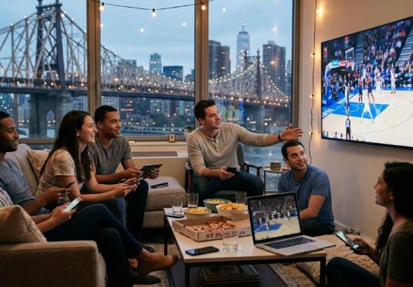 High-rise New York apartment with multiple people streaming on devices indoors during winter