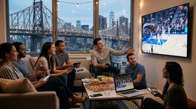 High-rise New York apartment with multiple people streaming on devices indoors during winter