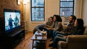 Modern living room setup with 4K TV and surround sound system streaming content