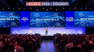 Thousands of digital marketing professionals walking the busy expo floor at DMEXCO 2026 inside Koelnmesse, Cologne, Germany