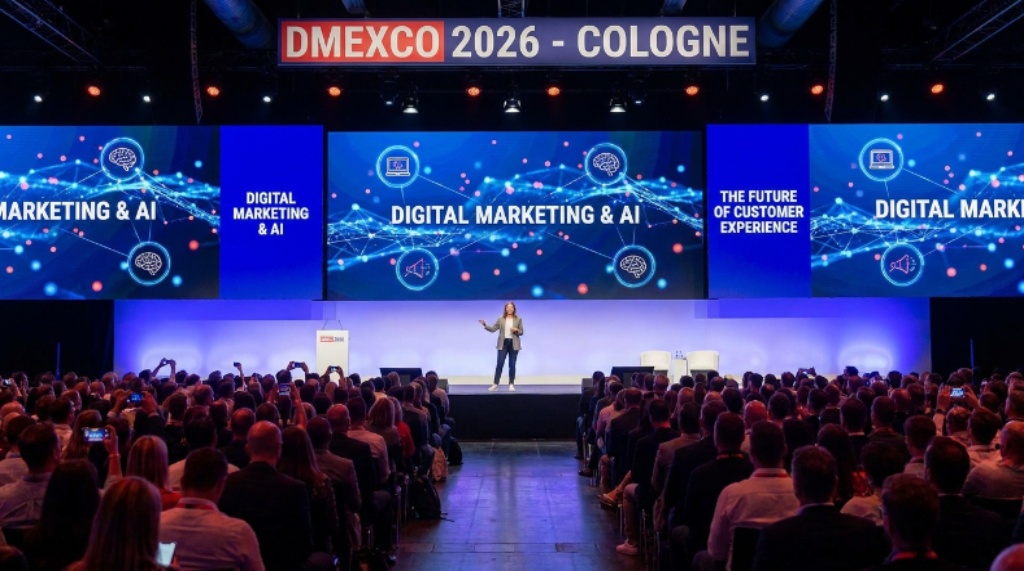 Thousands of digital marketing professionals walking the busy expo floor at DMEXCO 2026 inside Koelnmesse, Cologne, Germany