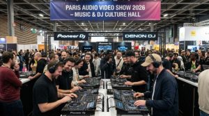 Visitors trying DJ equipment and mixers at a brand demonstration booth during the Paris Audio Video Show 2026 music and DJ culture hall