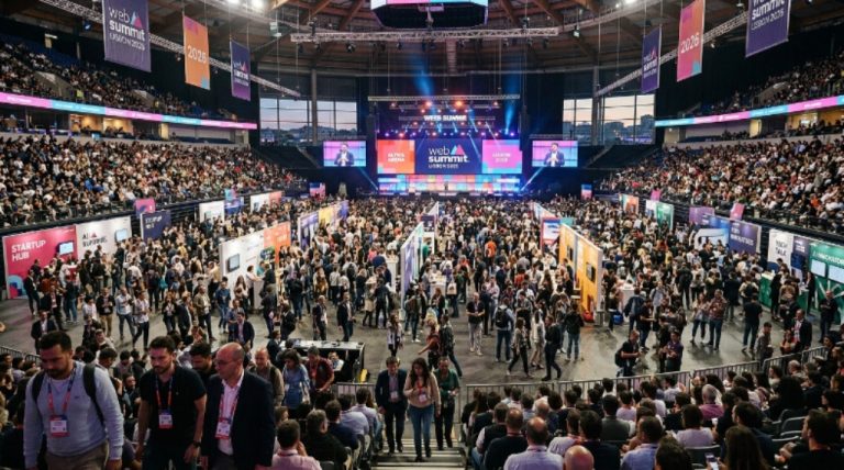 Thousands of tech leaders and startup founders gather at Web Summit Lisbon 2026 inside the Altice Arena