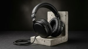 Person closing their eyes while wearing high quality over ear headphones in sunlight.