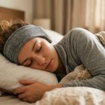 A woman sleeping comfortably on her side wearing a soft headband headphone.