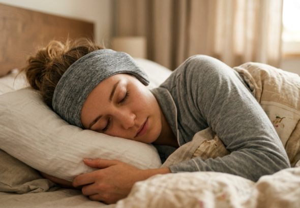 A woman sleeping comfortably on her side wearing a soft headband headphone.