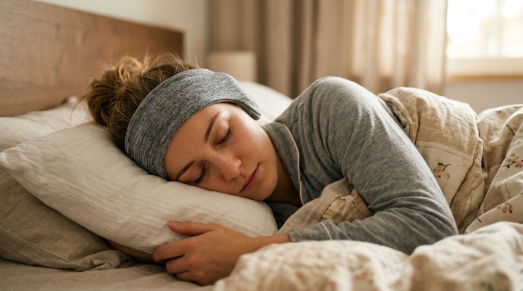A woman sleeping comfortably on her side wearing a soft headband headphone.
