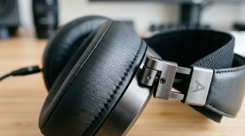 Premium matte black over ear headphones sitting on a minimalist studio display stand.