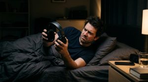 A frustrated man struggling to sleep with bulky over ear headphones.