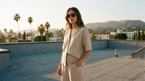 Fashion creator posing in downtown Los Angeles with stylish outfit