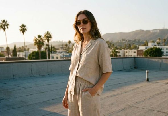 Fashion creator posing in downtown Los Angeles with stylish outfit