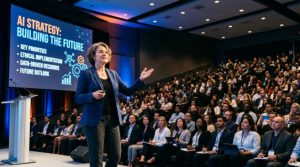 Keynote speaker presenting AI strategy slides to a large audience
