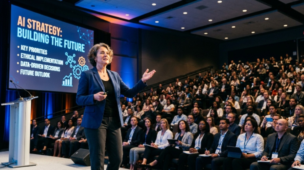 Keynote speaker presenting AI strategy slides to a large audience