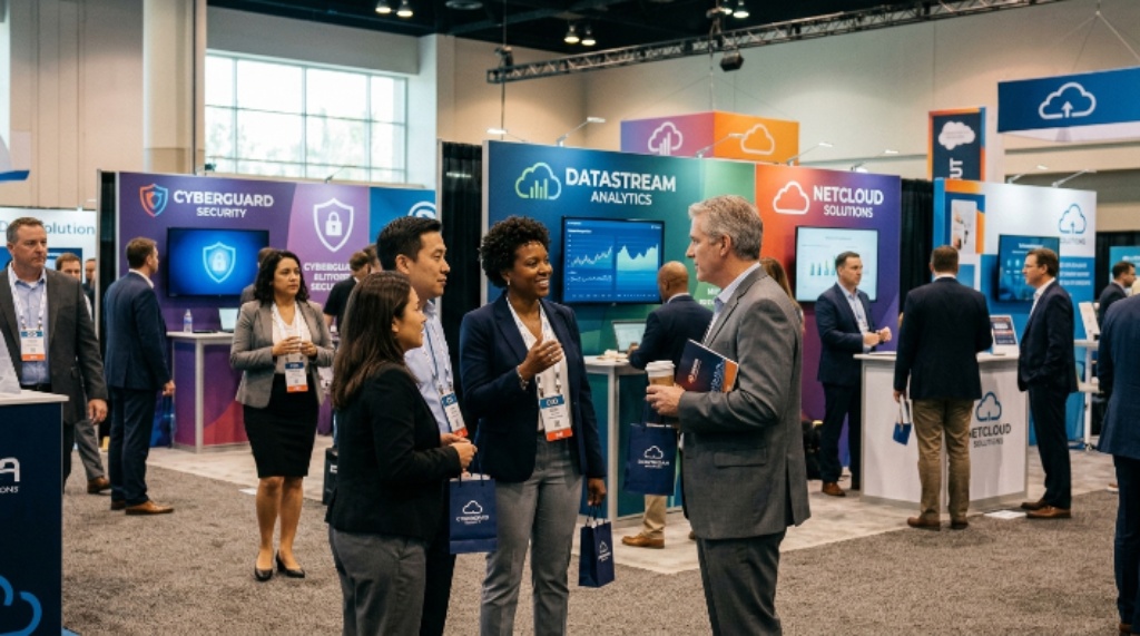 CIOs networking on a trade show floor with vendor booths
