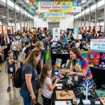 Visitors exploring colorful exhibits and maker booths at Louisville Maker Faire 2026 on October 17