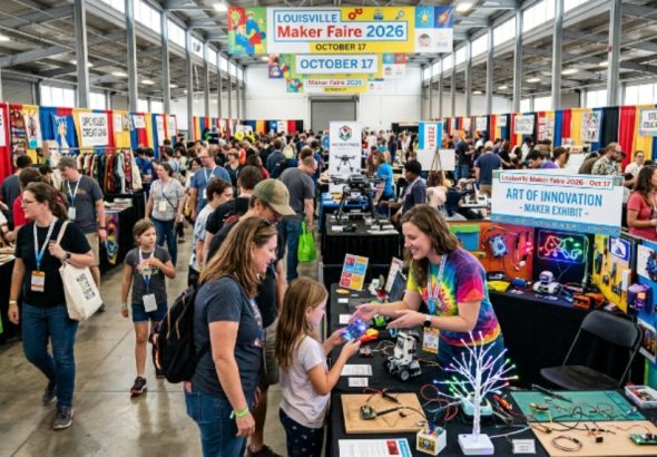 Visitors exploring colorful exhibits and maker booths at Louisville Maker Faire 2026 on October 17
