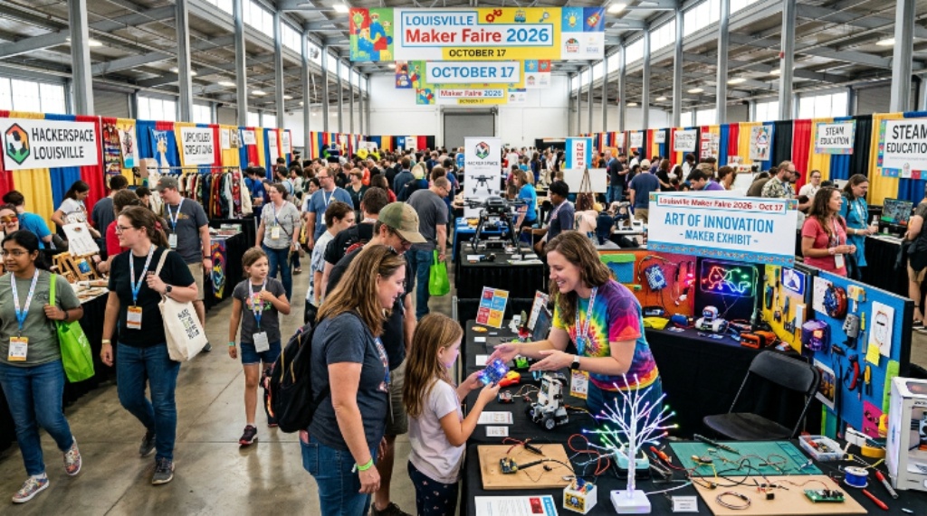 Visitors exploring colorful exhibits and maker booths at Louisville Maker Faire 2026 on October 17
