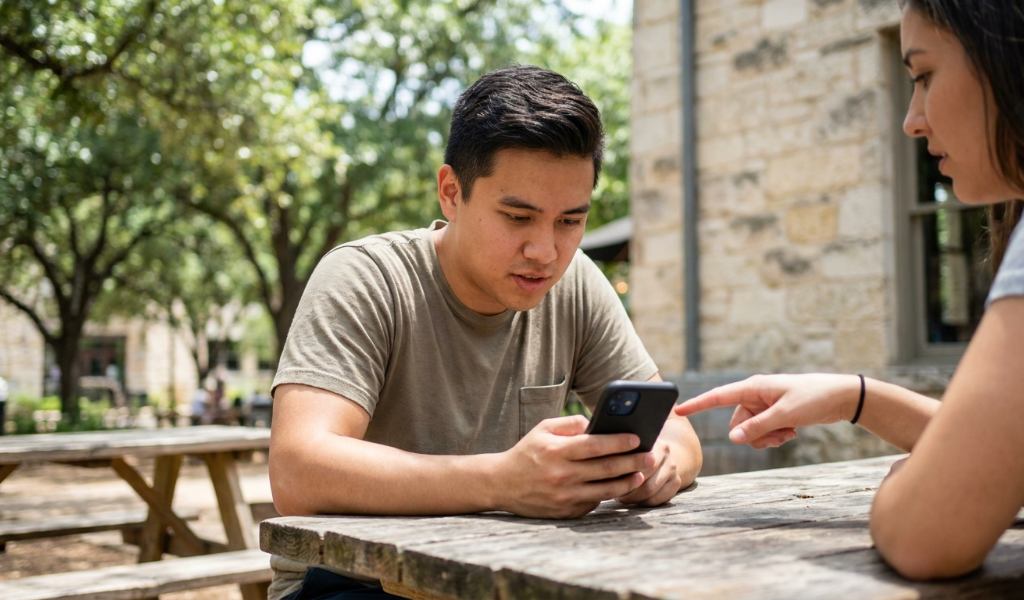 Smartphone resting on cool indoor wooden surface away from direct Texas sun.