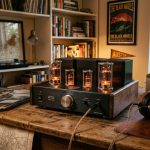 Desktop headphone amplifier glowing with tube lights on a wooden desk.