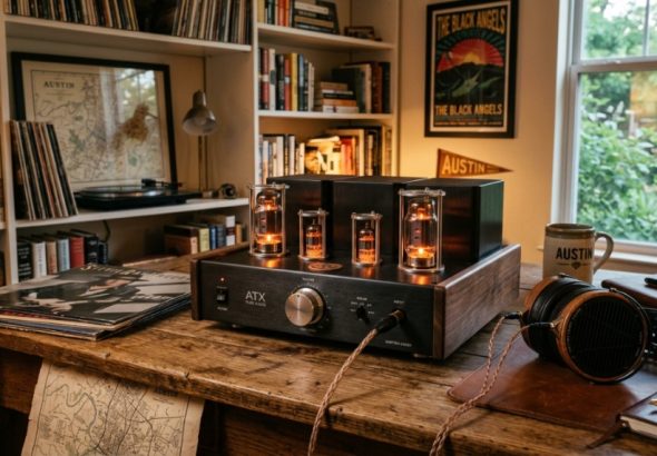 Desktop headphone amplifier glowing with tube lights on a wooden desk.