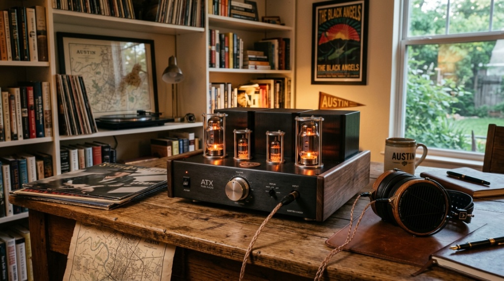 Desktop headphone amplifier glowing with tube lights on a wooden desk.