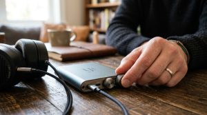 Person adjusting the volume knob on a metallic portable headphone amplifier.
